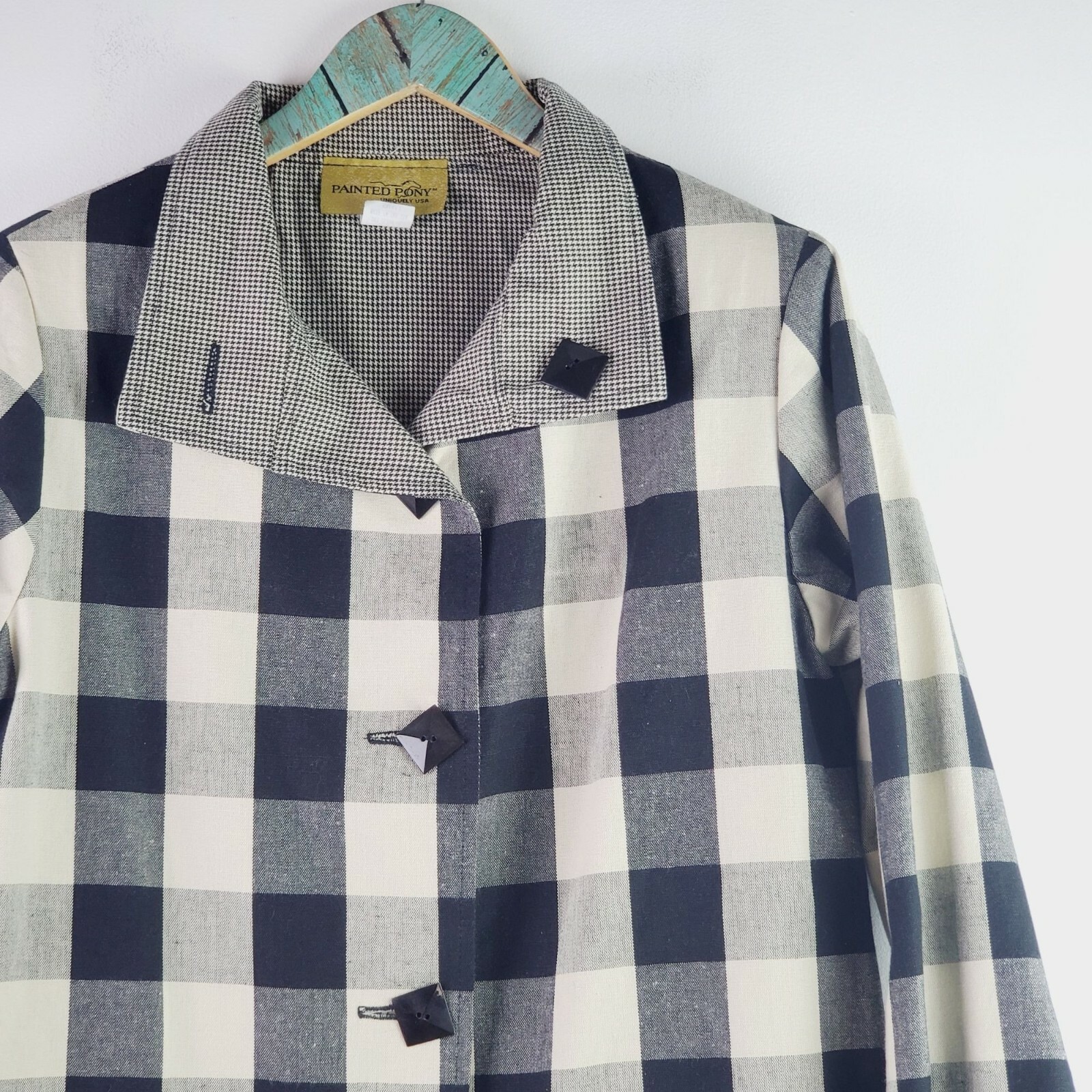 Giacca vintage dipinta pony REVERSIBILE bufalo a quadri pied de poule con bottoni USA taglia S