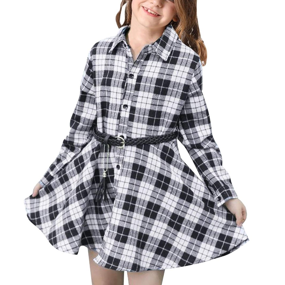 Girls Casual Dress W*Belt Long Sleeve Buffalo Check Black White Red