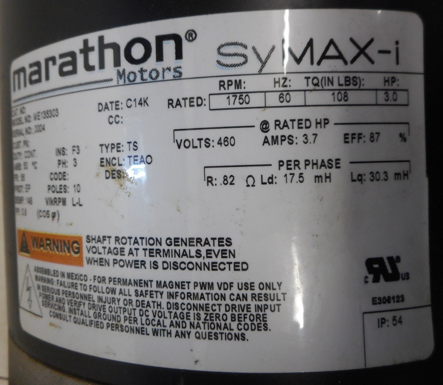 MARATHON SYMAX-I MOTOR, ME135303, 3 HP, 460 VOLTS, 3.7 AMPS, 3
