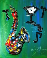 SAXOPHONE  ON GREEN IMPASTO  abstract  Abstract Modern Original  PTG4TYJ