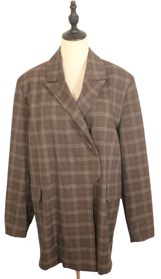 Ganni Size AU 14-16 DK 40 Chocolate Grey Check Woven Wrap Longline Blazer Jacket