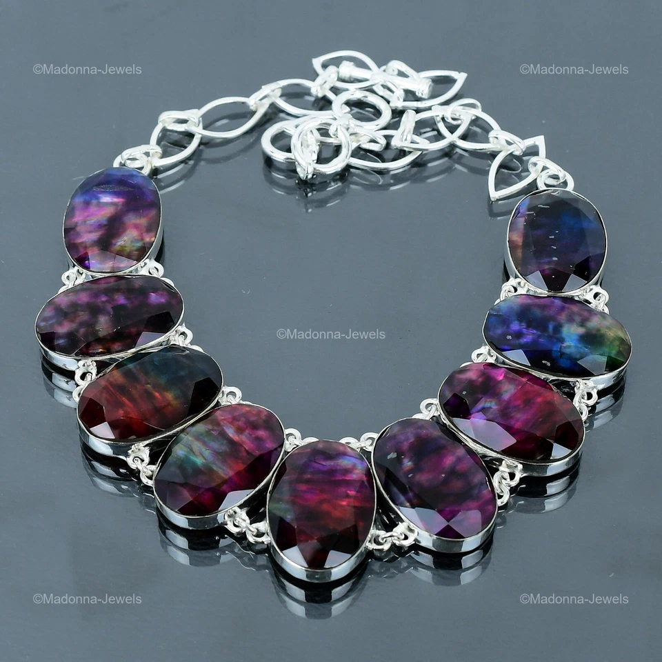 Venta de San Valentín Ammolita Piedras Preciosas Boho Cadena Bisel Esposa Collar Plata Esterlina Foto 3 de 4