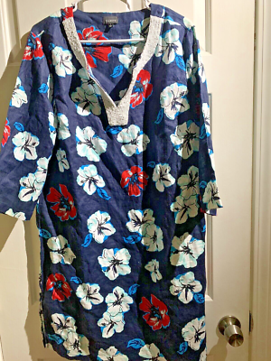Talbots Linen Dress Woman Large Blue Floral Hibiscus Beaded Neckline Tunic