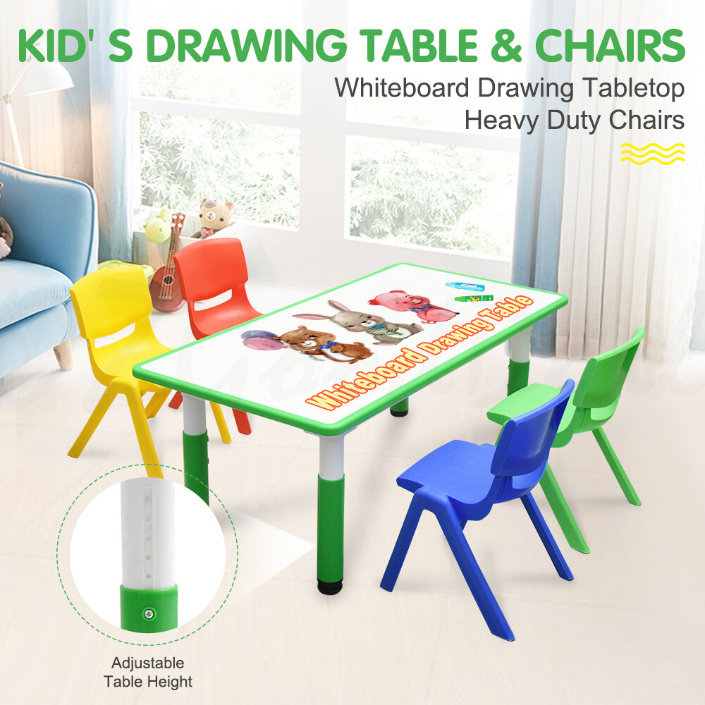 Kids Children 120x60cm Green Adjustable Drawing Whiteboard Table 4 Mixed Chairs