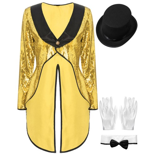 Women Sequin Tuxedo Jacket Tailcoat Halloween Magician Costume with Accessories - Picture 27 of 56