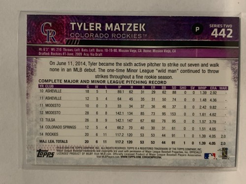 #442 Tyler Matzek Colorado Rockies 2015 Topps Series two Baseball Card - Picture 2 of 2