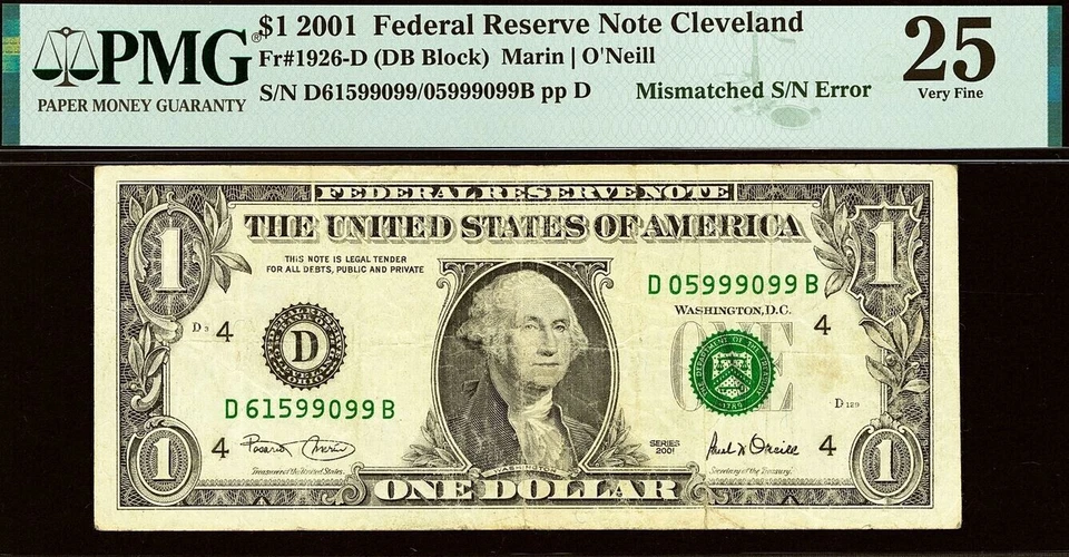2001 $1 Federal Reserve Note PMG 25 - Error Note - Three Digit Mismatch Error - Image 3 of 4