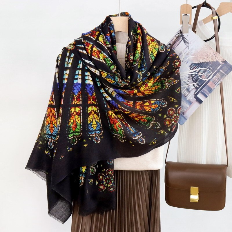 Sallys Soft Cashmere Ring Scarf Wrap Shawl Colored Glaze Print 78x39 Inches Delicate Warm Elegant