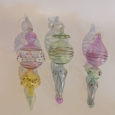 Lot 3 Vintage Hand Blown Glass Christmas Ornaments Finial Ornate Colorful