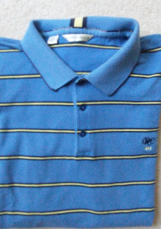 MENS BLUE W/ BLACK & YELLOW STRIPES GOLF POLO SHIRT-CUTTER & BUCK- LARGE-