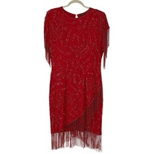 Vintage Red 100 Silk Beaded Sequin Fringe Flapper Cocktail Dress
