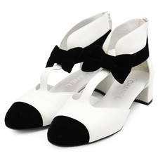 CHANEL Pumps G35243 Velvet Ribbon T-Strap Women Size 35hC White/Black