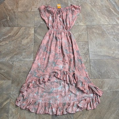 Krisna Bali Rosalinda High Low Maxi Dress Pink Tropical Palm Print NWT Boho