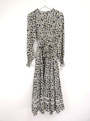 ME+EM Kleid Größe 12 schwarz Gänseblümchenmuster Blumen Maxi Häkel Gürtel Langarm