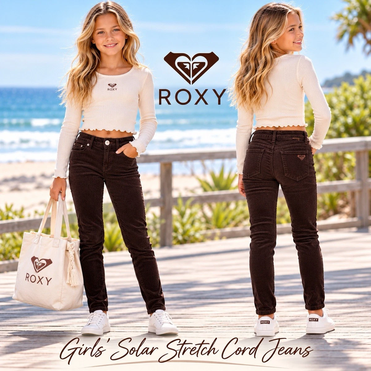 BNWT ROXY KIDS GIRLS SOLAR SKINNY CORD JEANS (CHOCOLATE) SIZE 8 RRP $79.95