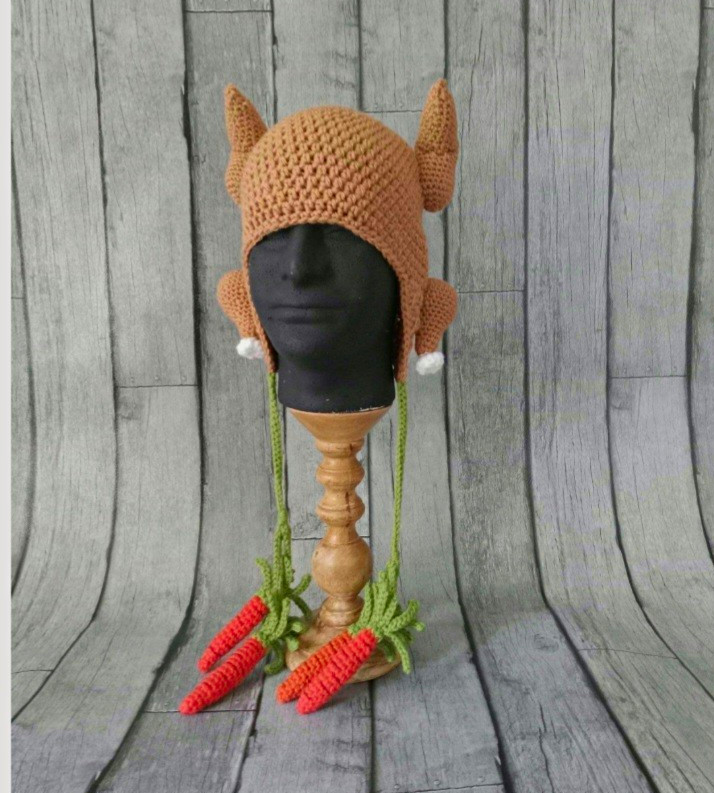 Turkey Hat w/ Drumstick Earflaps Handmade Crochet Carrot Ties Thanksgiving Trot