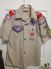 Boy Scouts of America BSA Youth Shirt Tan Large Sewn Patches Short Sleeve