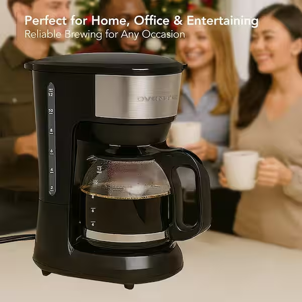 View of OVENTE 12-Cup Drip Coffee Maker Reusable Filter Borosilicate Glass ...
