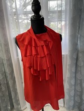 Banana Republic Red Solid Sheer Chiffon Ruffle Bow High Neck Sleeveless Blouse M