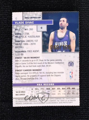 1999-00 Topps Finest Gold Refractor 60/100 Vlade Divac #4 HOF - 第 2/3 張圖片