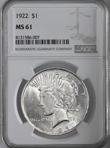 1922-P  $1 PEACE SILVER DOLLAR  "PHILADELPHIA MINT"  NGC MS61 #8131586-007