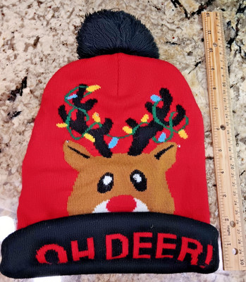 LED Lights Christmas Beanie Toque Hat Rudolf Reindeer 'Oh Deer' CUTE! CN