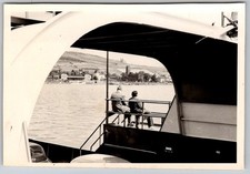 Vtg B&W Snapshot Ferry Boat Passengers Rhine River Germany Scenic View 1930s