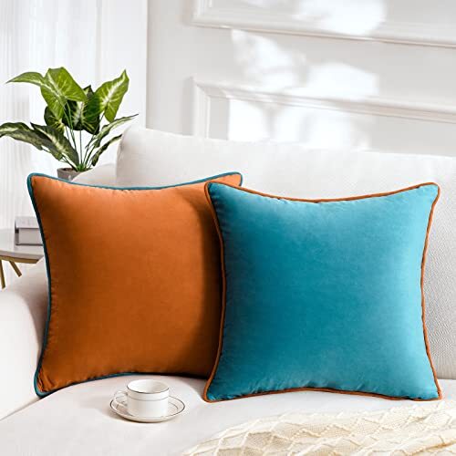 Orange and Teal Throw Pillow Covers 18x18in Set of 2, Colorful Velvet