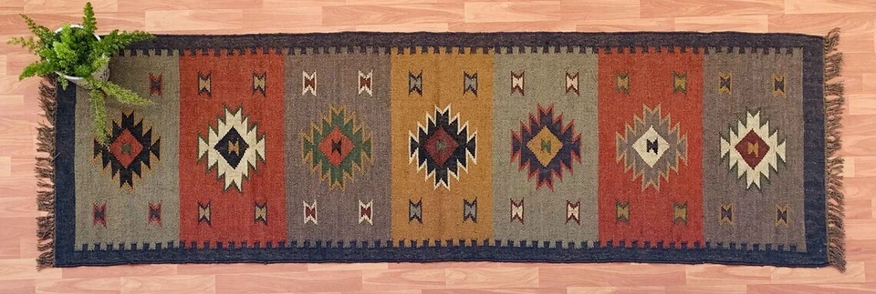 Kilim Runner Rug Handmade Wool Jute Bedside Hallway Reversible Carpet Home Decor - Image 3 of 4