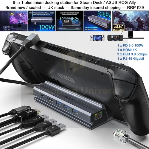 6-in-1 Aluminium Steam Deck ROG Ally Dock Pro Stand USB-C Hub HDMI USB PD RJ45
