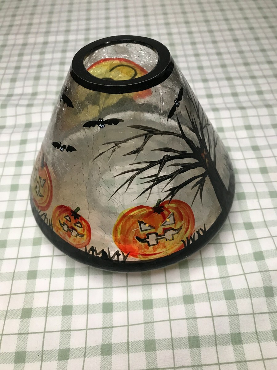 Yankee Candle Crackle Glass Lamp Shade Spooky Halloween Black Cat Tree Pumpkin