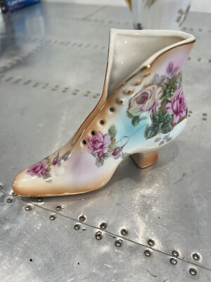 RS Hand Painted Roses Porcelain Victorian Style Boot Shoe