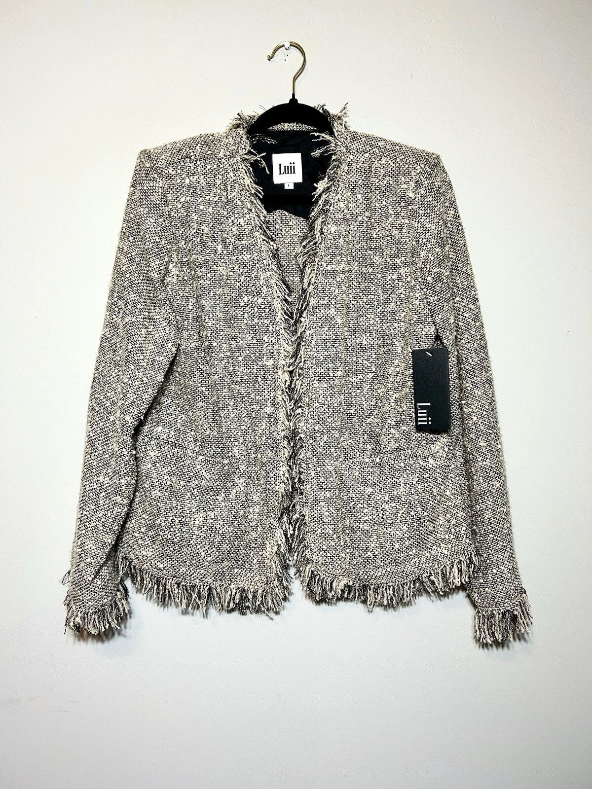 VETEMENTS Giacca cardigan Luii nero panna bordo frange aperto davanti boucle vecchi so ~ grande