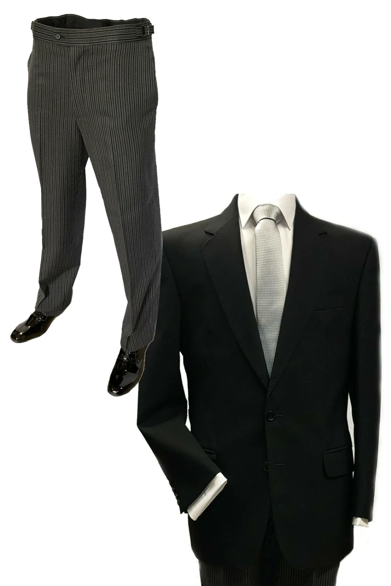 BLACK MASONS SUIT WOOL HERRINGBONE JACKET PINSTRIPE TROUSERS