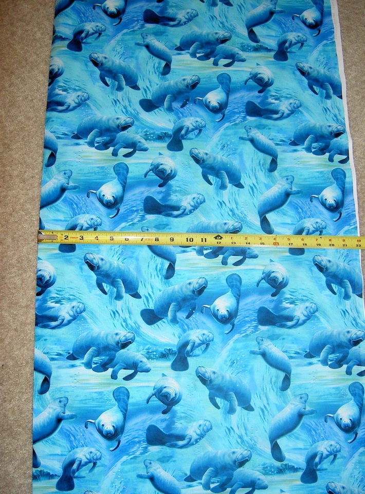 Manatee Manatees Playful 1974 Allover Blue Timeless durable cotton Fabric - Image 2 of 2
