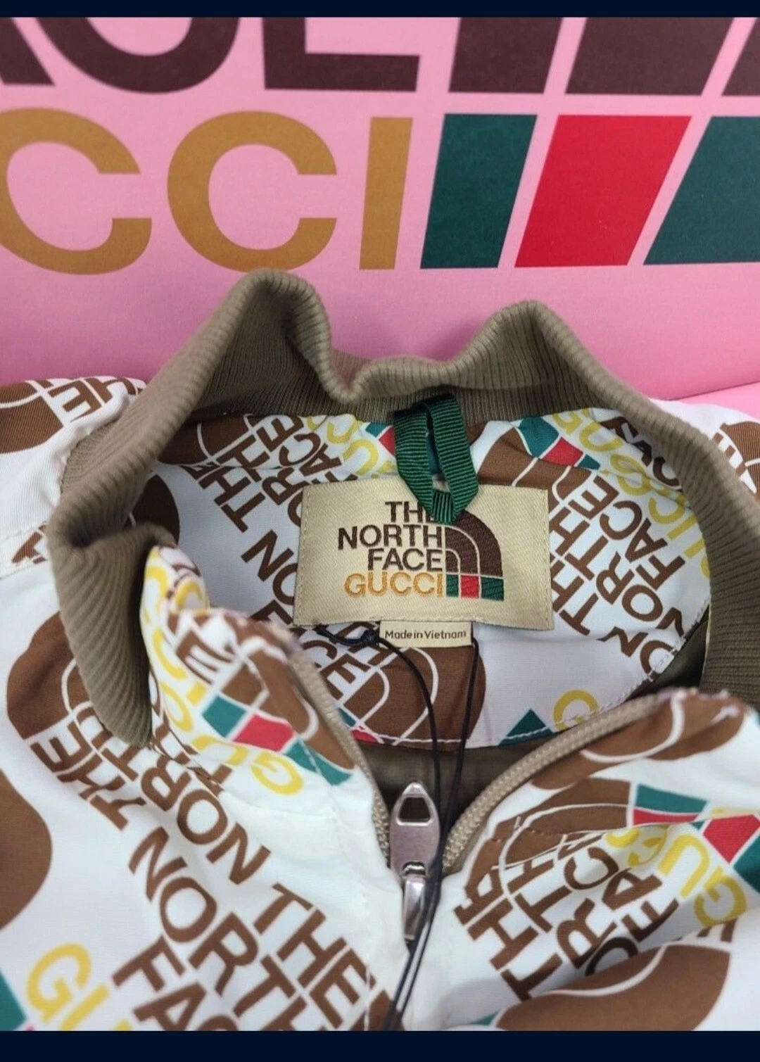 Giacca maglia Gucci X The North Face stampa web tecnica avorio unisex nuova