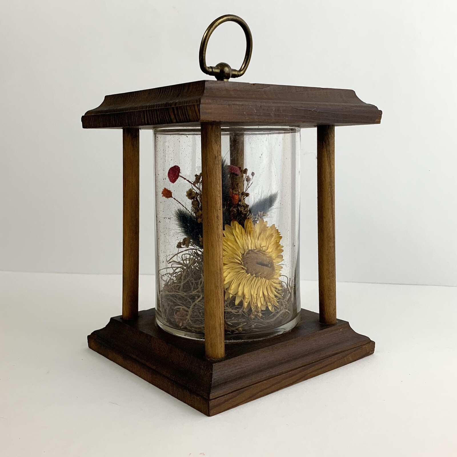 Vintage Glass Terrarium with Dried Flowers on Wood Base for Cottagecore Decor-image