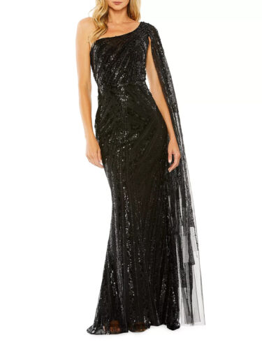 Mac Duggal Black Sequin Cape Sleeve One-Shoulder Gown Size 14 $898