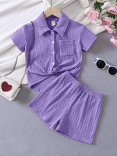 SHEIN Girls Purple Collared Top  Shorts Set Size 6 2-Piece Matching Outfit