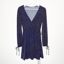 Mng Mango Navy Yellow Spotted Faux Wrap Long Sleeve Tie Cuff Dress XS