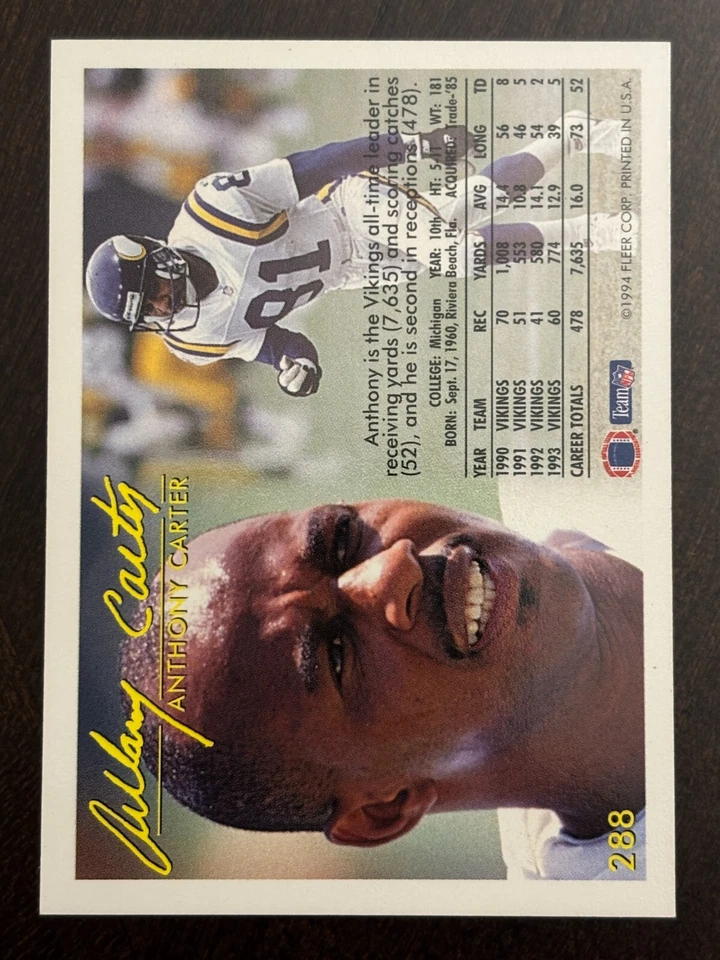 1994 Fleer #288 Anthony Carter Minnesota Vikings - Image 2 of 2