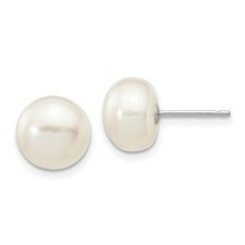 Real 14kt White Gold 8-9mm White Button FW Cultured Pearl Stud Post Earrings
