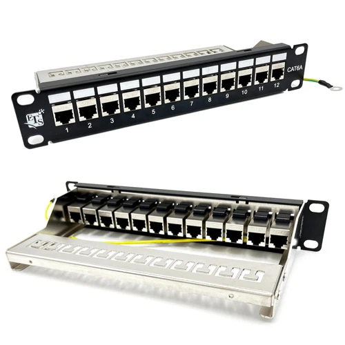 ETS 12 Port Patch Panel 10 inch Cat6A Inline Keystone, Feedthrough Coupler