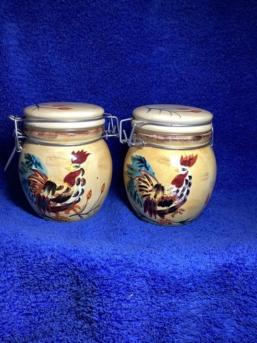 Vintage En Provence Keramik Hahn Motiv Druckknopfverschluss Deckel Kanister, 2er Set - Bild 2 von 8