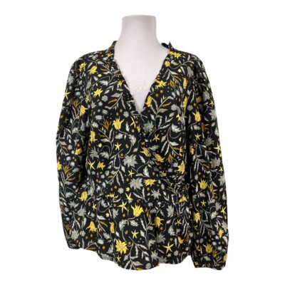 Universal Thread NEW Women's XXL Wrap Blouse Floral Cotton Blend Black Yellow