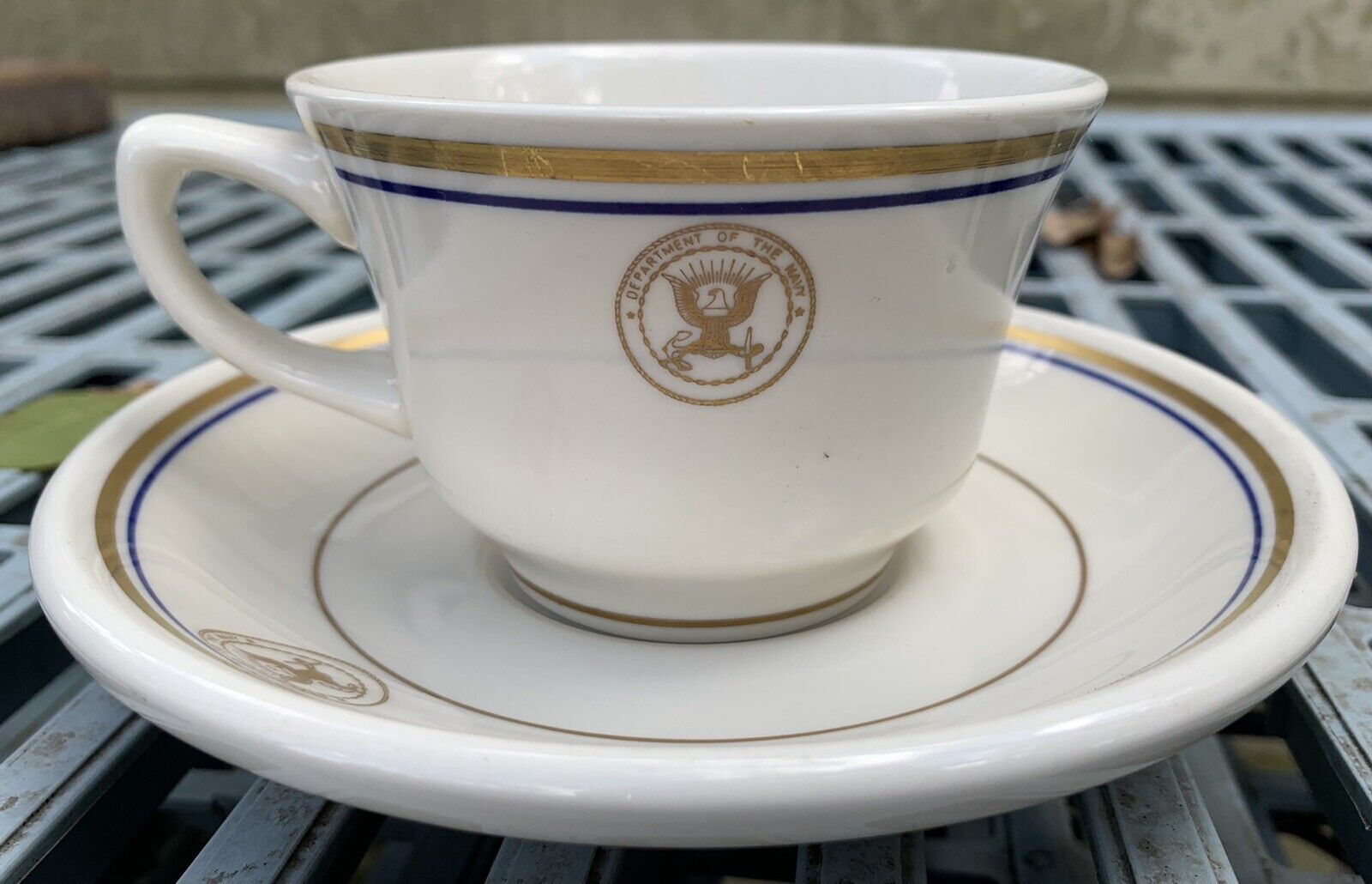 1 VINTAGE HOMER LAUGHLIN U.S. Department  NAVY Coffee Mug Cup Saucer Gold Trim