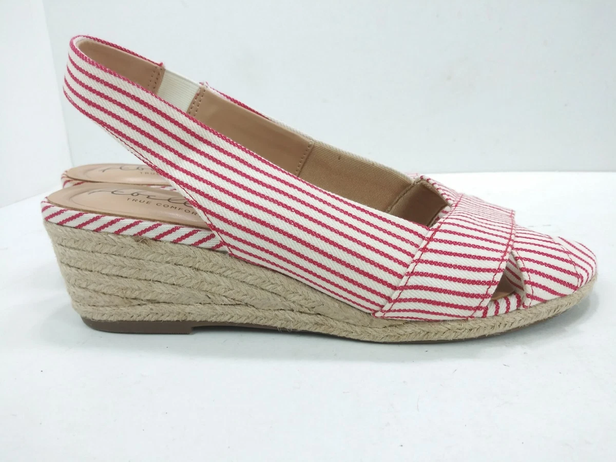 Abella Shiloh True Comfort Red White Striped Wedge Espadrille Sandals Sz 8 M