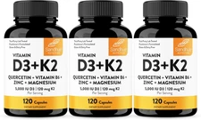 Sandhu's Vitamin D3 K2 Magnesium 5000IU, Zinc, B6 & Quercetin, 120 Ct (3 Pack)