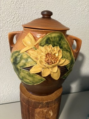 Vintage Roseville Pottery Water Lily Brown Cookie Jar Canister #1-8'' w/ Lid 1943