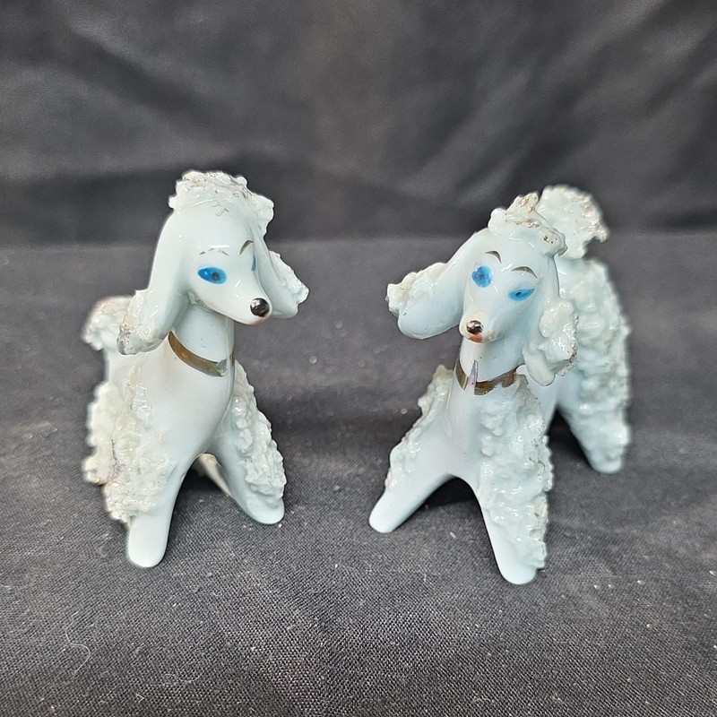 Vintage Blue Porcelain Poodle Dog Figurines Pair w/ Gold Tone Collars